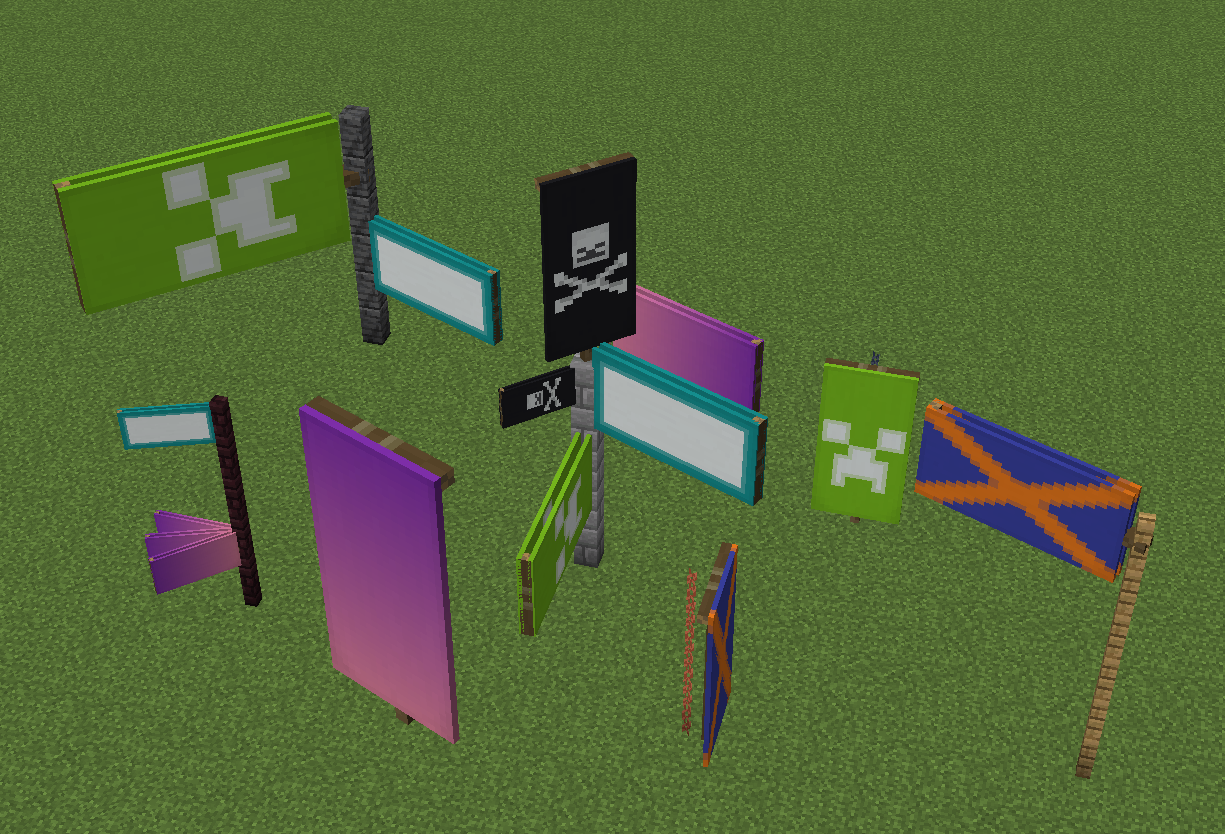 Flag and assorted banners of various sizes.